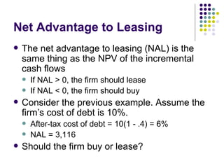 Net Advantage to Leasing The net advantage to leasing (NAL) is the same thing as the NPV of the incremental cash flows If NAL > 0, the firm should lease If NAL < 0, the firm should buy Consider the previous example. Assume the firm’s cost of debt is 10%. After-tax cost of debt = 10(1 - .4) = 6% NAL = 3,116 Should the firm buy or lease? 