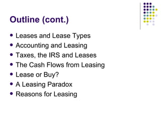 Outline (cont.) Leases and Lease Types Accounting and Leasing Taxes, the IRS and Leases The Cash Flows from Leasing Lease or Buy? A Leasing Paradox Reasons for Leasing 