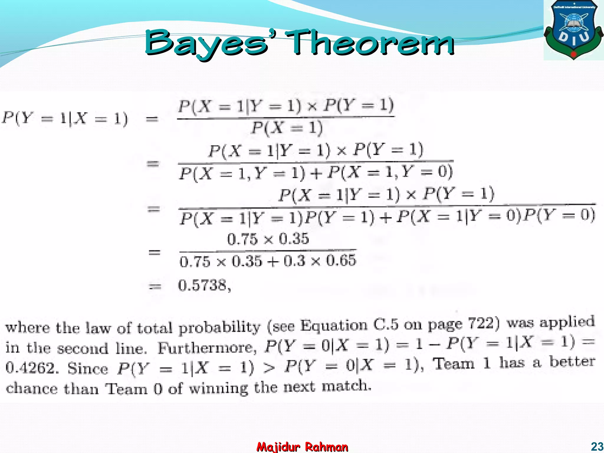 23
Bayes’ TheoremBayes’ Theorem
Majidur RahmanMajidur Rahman
 