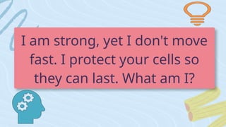I am strong, yet I don't move
fast. I protect your cells so
they can last. What am I?
 