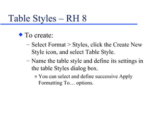 Table Styles – RH 8 To create: Select Format > Styles, click the Create New Style icon, and select Table Style. Name the table style and define its settings in the table Styles dialog box. You can select and define successive Apply Formatting To… options. 