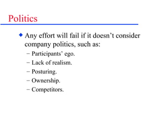 Politics Any effort will fail if it doesn’t consider company politics, such as: Participants’ ego. Lack of realism. Posturing. Ownership. Competitors. 