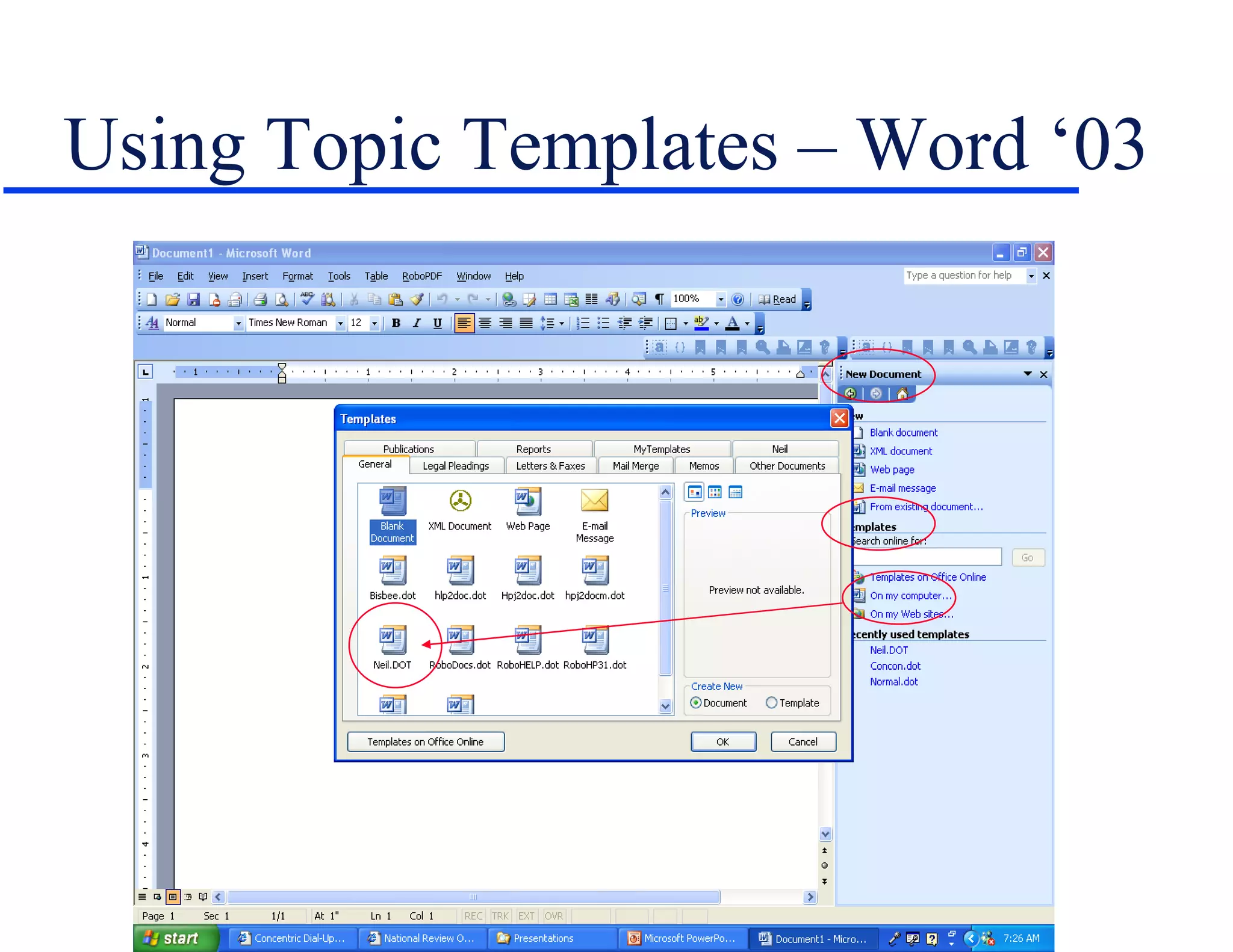 Using Topic Templates – Word ‘03 