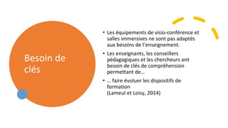 Besoin de
clés
• Les équipements de visio-conférence et
salles immersives ne sont pas adaptés
aux besoins de l’enseignement.
• Les enseignants, les conseillers
pédagogiques et les chercheurs ont
besoin de clés de compréhension
permettant de…
• … faire évoluer les dispositifs de
formation
(Lameul et Loisy, 2014)
 