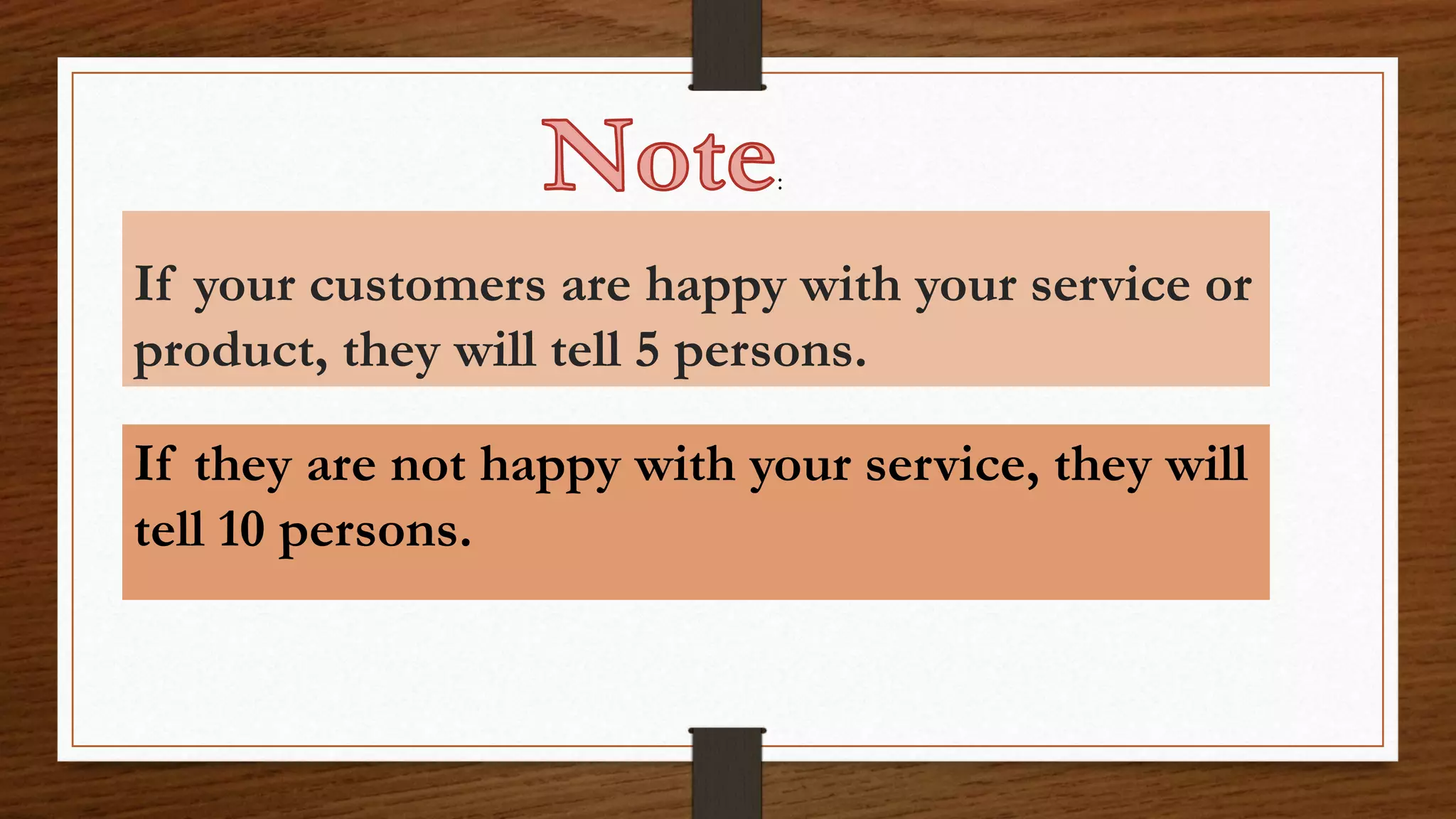 If your customers are happy with your service or
product, they will tell 5 persons.
If they are not happy with your service, they will
tell 10 persons.
:
 