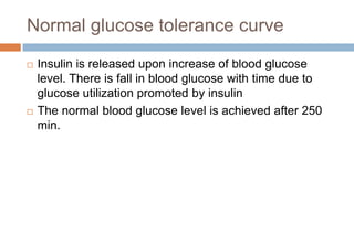 Normal glucose tolerance curve
 Insulin is released upon increase of blood glucose
level. There is fall in blood glucose with time due to
glucose utilization promoted by insulin
 The normal blood glucose level is achieved after 250
min.
 