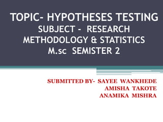 TOPIC- HYPOTHESES TESTING
SUBJECT - RESEARCH
METHODOLOGY & STATISTICS
M.sc SEMISTER 2
SUBMITTED BY- SAYEE WANKHEDE
AMISHA TAKOTE
ANAMIKA MISHRA
 
