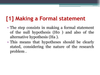 [1] Making a Formal statement
• The step consists in making a formal statement
of the null hypothesis (H0 ) and also of the
alternative hypothesis (Ha ).
• This means that hypotheses should be clearly
stated, considering the nature of the research
problem .
 
