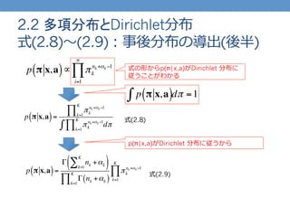 2.2 多項分布とDirichlet分布
式(2.8)〜～(2.9)：事後分布の導出(後半)
p π x,a( )∝ πk
nk +αk −1
i=1
n
∏
p π x,a( )=
πk
nk +αk −1
k=1
K
∏
πk
nk +αk −1
dπ
k=1
K
∏∫
p π x,a( )∫ dπ =1
式の形からp(π|x,a)がDirichlet 分布に
従うことがわかる
p π x,a( )=
Γ nk +αkk=1
K
∑( )
Γ nk +αk( )k=1
K
∏
πk
nk +αk −1
k=1
K
∏
p(π|x,a)がDirichlet 分布に従うから
式(2.8)
式(2.9)
 