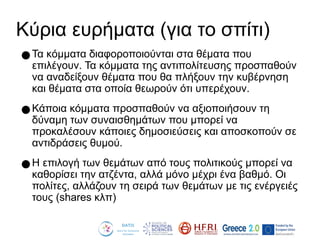 Κύρια ευρήματα (για το σπίτι)
●Τα κόμματα διαφοροποιούνται στα θέματα που
επιλέγουν. Τα κόμματα της αντιπολίτευσης προσπαθούν
να αναδείξουν θέματα που θα πλήξουν την κυβέρνηση
και θέματα στα οποία θεωρούν ότι υπερέχουν.
●Κάποια κόμματα προσπαθούν να αξιοποιήσουν τη
δύναμη των συναισθημάτων που μπορεί να
προκαλέσουν κάποιες δημοσιεύσεις και αποσκοπούν σε
αντιδράσεις θυμού.
●Η επιλογή των θεμάτων από τους πολιτικούς μπορεί να
καθορίσει την ατζέντα, αλλά μόνο μέχρι ένα βαθμό. Οι
πολίτες, αλλάζουν τη σειρά των θεμάτων με τις ενέργειές
τους (shares κλπ)
 