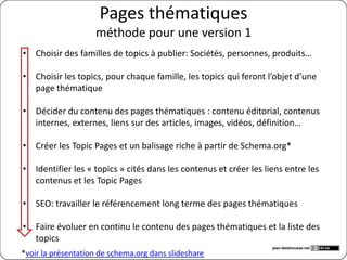 Wikipédisation
     de l’organisation des contenus

• Le modèle wikipédia a fait ses preuves en terme
   – d’organisation des contenus autour des sujets,
   – de qualité du référencement de chaque sujet traité,
   – de hub pour des liens entrants et des liens sortants.


• Permanentes et stables, les Topic Pages sont des
  balises dans un océan de contenus




                                                             jean-delahousse.net
 