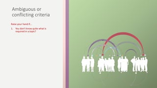 Ambiguous or
conflicting criteria
Raise your hand if…
1. You don’t know quite what is
required in a topic?
 