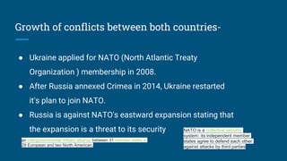 Growth of conflicts between both countries-
● Ukraine applied for NATO (North Atlantic Treaty
Organization ) membership in 2008.
● After Russia annexed Crimea in 2014, Ukraine restarted
it's plan to join NATO.
● Russia is against NATO's eastward expansion stating that
the expansion is a threat to its security NATO is a collective security
system: its independent member
states agree to defend each other
against attacks by third parties
an intergovernmental military alliance between 31 member states –
29 European and two North American.
 