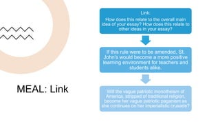 MEAL: Link
Link:
How does this relate to the overall main
idea of your essay? How does this relate to
other ideas in your essay?
If this rule were to be amended, St.
John’s would become a more positive
learning environment for teachers and
students alike.
Will the vague patriotic monotheism of
America, stripped of traditional religion,
become her vague patriotic paganism as
she continues on her imperialistic crusade?
 