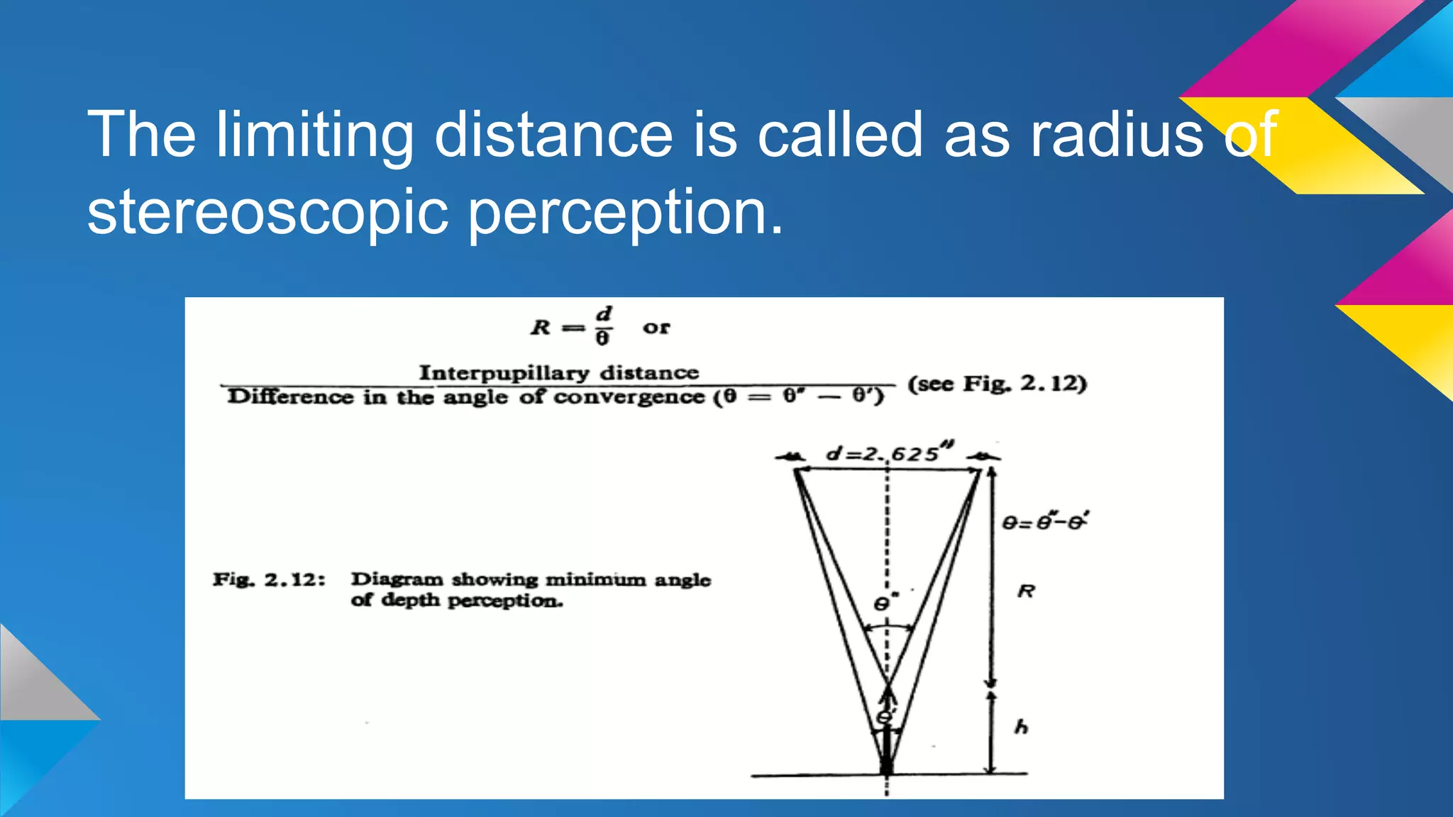 The limiting distance is called as radius of
stereoscopic perception.
 