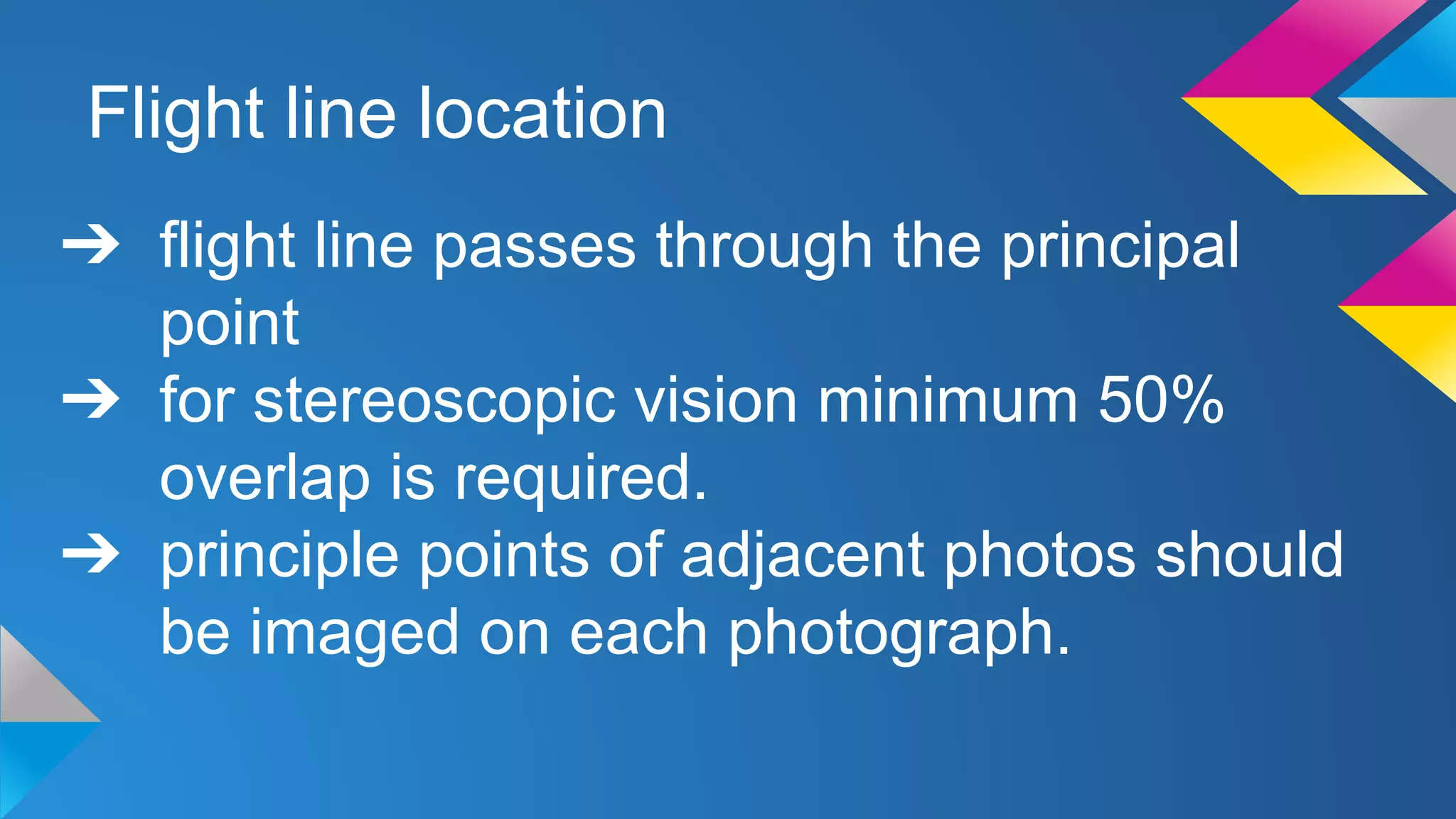 Flight line location
➔ flight line passes through the principal
point
➔ for stereoscopic vision minimum 50%
overlap is required.
➔ principle points of adjacent photos should
be imaged on each photograph.
 