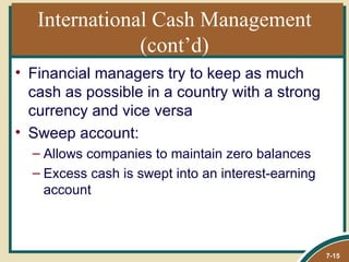 International Cash Management
               (cont’d)
• Financial managers try to keep as much
  cash as possible in a country with a strong
  currency and vice versa
• Sweep account:
  – Allows companies to maintain zero balances
  – Excess cash is swept into an interest-earning
    account



                                                    7-15
 