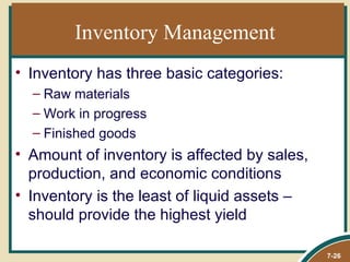 Inventory Management
• Inventory has three basic categories:
  – Raw materials
  – Work in progress
  – Finished goods
• Amount of inventory is affected by sales,
  production, and economic conditions
• Inventory is the least of liquid assets –
  should provide the highest yield

                                              7-26
 