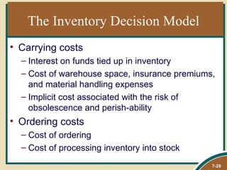 The Inventory Decision Model
• Carrying costs
  – Interest on funds tied up in inventory
  – Cost of warehouse space, insurance premiums,
    and material handling expenses
  – Implicit cost associated with the risk of
    obsolescence and perish-ability
• Ordering costs
  – Cost of ordering
  – Cost of processing inventory into stock
                                               7-29
 
