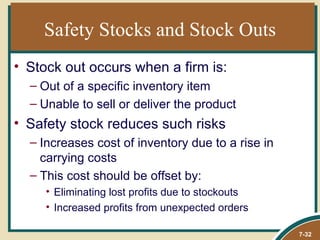 Safety Stocks and Stock Outs
• Stock out occurs when a firm is:
  – Out of a specific inventory item
  – Unable to sell or deliver the product
• Safety stock reduces such risks
  – Increases cost of inventory due to a rise in
    carrying costs
  – This cost should be offset by:
     • Eliminating lost profits due to stockouts
     • Increased profits from unexpected orders

                                                   7-32
 