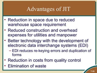 Advantages of JIT
• Reduction in space due to reduced
  warehouse space requirement
• Reduced construction and overhead
  expenses for utilities and manpower
• Better technology with the development of
  electronic data interchange systems (EDI)
  – EDI reduces re-keying errors and duplication of
    forms
• Reduction in costs from quality control
• Elimination of waste
                                                  7-35
 