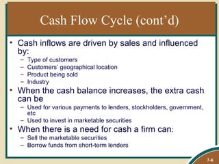 Cash Flow Cycle (cont’d)
• Cash inflows are driven by sales and influenced
  by:
  –   Type of customers
  –   Customers’ geographical location
  –   Product being sold
  –   Industry
• When the cash balance increases, the extra cash
  can be
  – Used for various payments to lenders, stockholders, government,
    etc
  – Used to invest in marketable securities
• When there is a need for cash a firm can:
  – Sell the marketable securities
  – Borrow funds from short-term lenders

                                                                      7-6
 