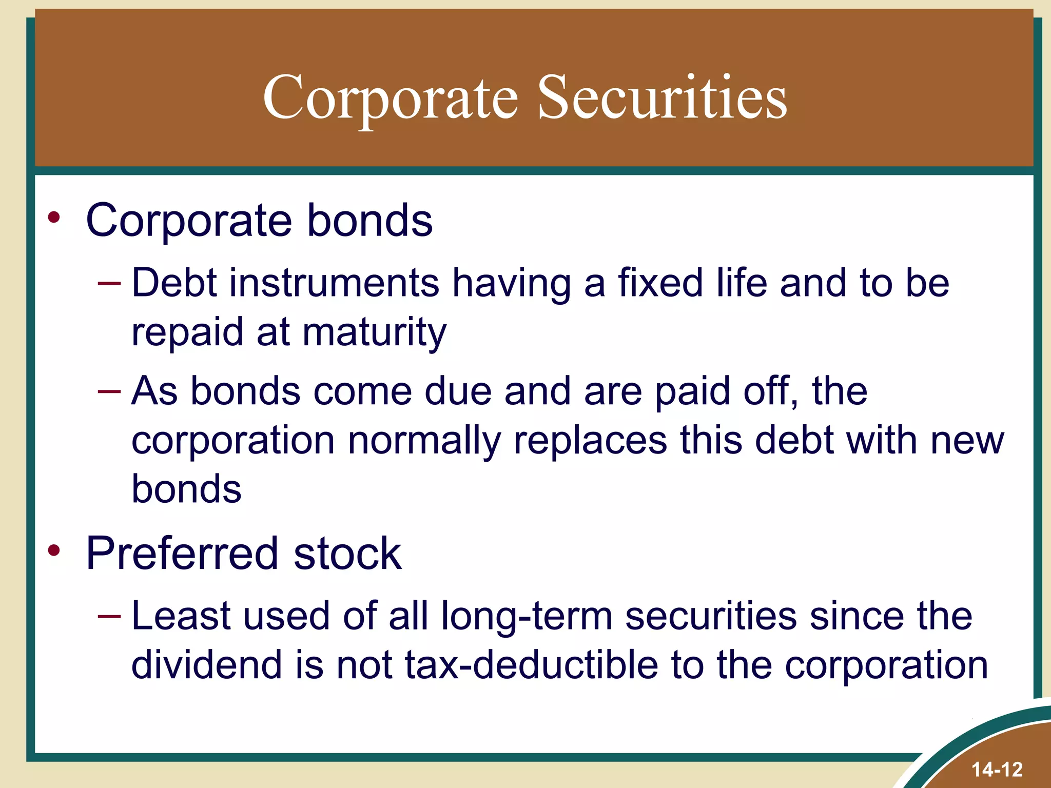 Corporate Securities
• Corporate bonds
  – Debt instruments having a fixed life and to be
    repaid at maturity
  – As bonds come due and are paid off, the
    corporation normally replaces this debt with new
    bonds
• Preferred stock
  – Least used of all long-term securities since the
    dividend is not tax-deductible to the corporation

                                                   14-12
 