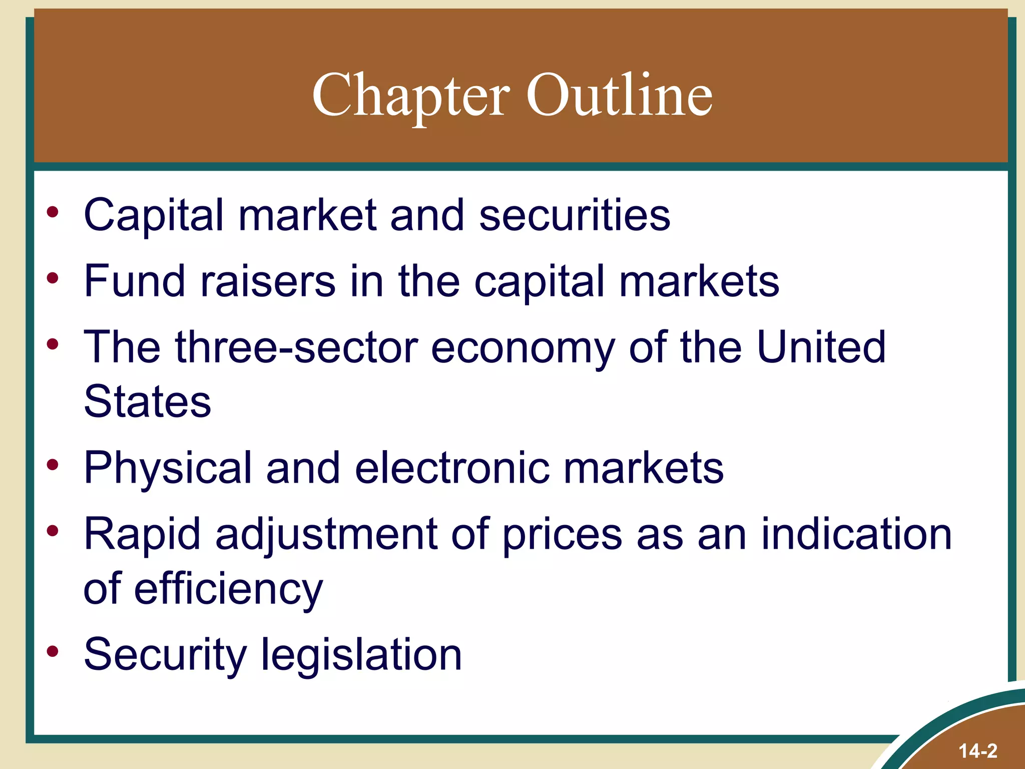 Chapter Outline
• Capital market and securities
• Fund raisers in the capital markets
• The three-sector economy of the United
  States
• Physical and electronic markets
• Rapid adjustment of prices as an indication
  of efficiency
• Security legislation
                                                14-2
 