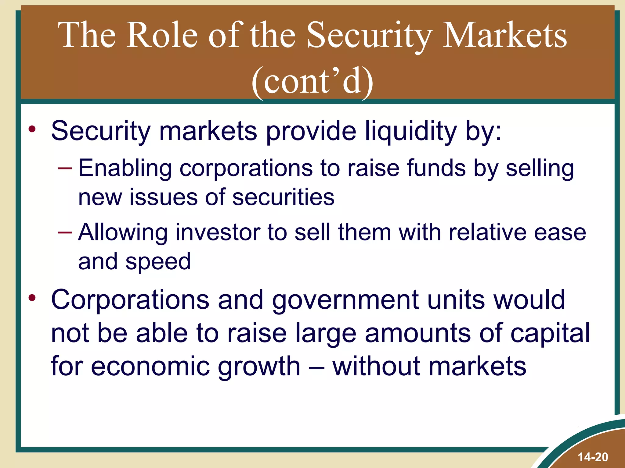 The Role of the Security Markets
              (cont’d)
• Security markets provide liquidity by:
  – Enabling corporations to raise funds by selling
    new issues of securities
  – Allowing investor to sell them with relative ease
    and speed
• Corporations and government units would
  not be able to raise large amounts of capital
  for economic growth – without markets


                                                    14-20
 