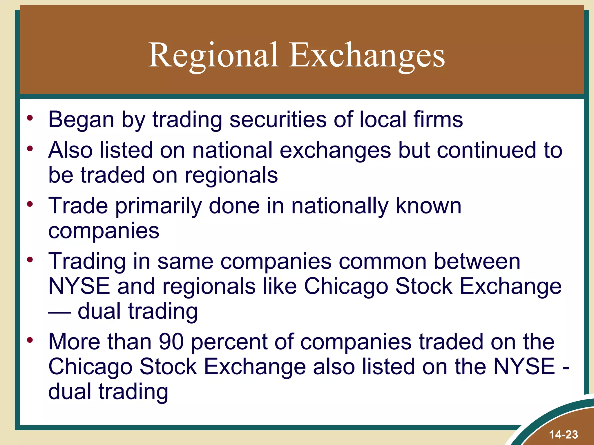 Regional Exchanges
• Began by trading securities of local firms
• Also listed on national exchanges but continued to
  be traded on regionals
• Trade primarily done in nationally known
  companies
• Trading in same companies common between
  NYSE and regionals like Chicago Stock Exchange
  — dual trading
• More than 90 percent of companies traded on the
  Chicago Stock Exchange also listed on the NYSE -
  dual trading
                                                 14-23
 