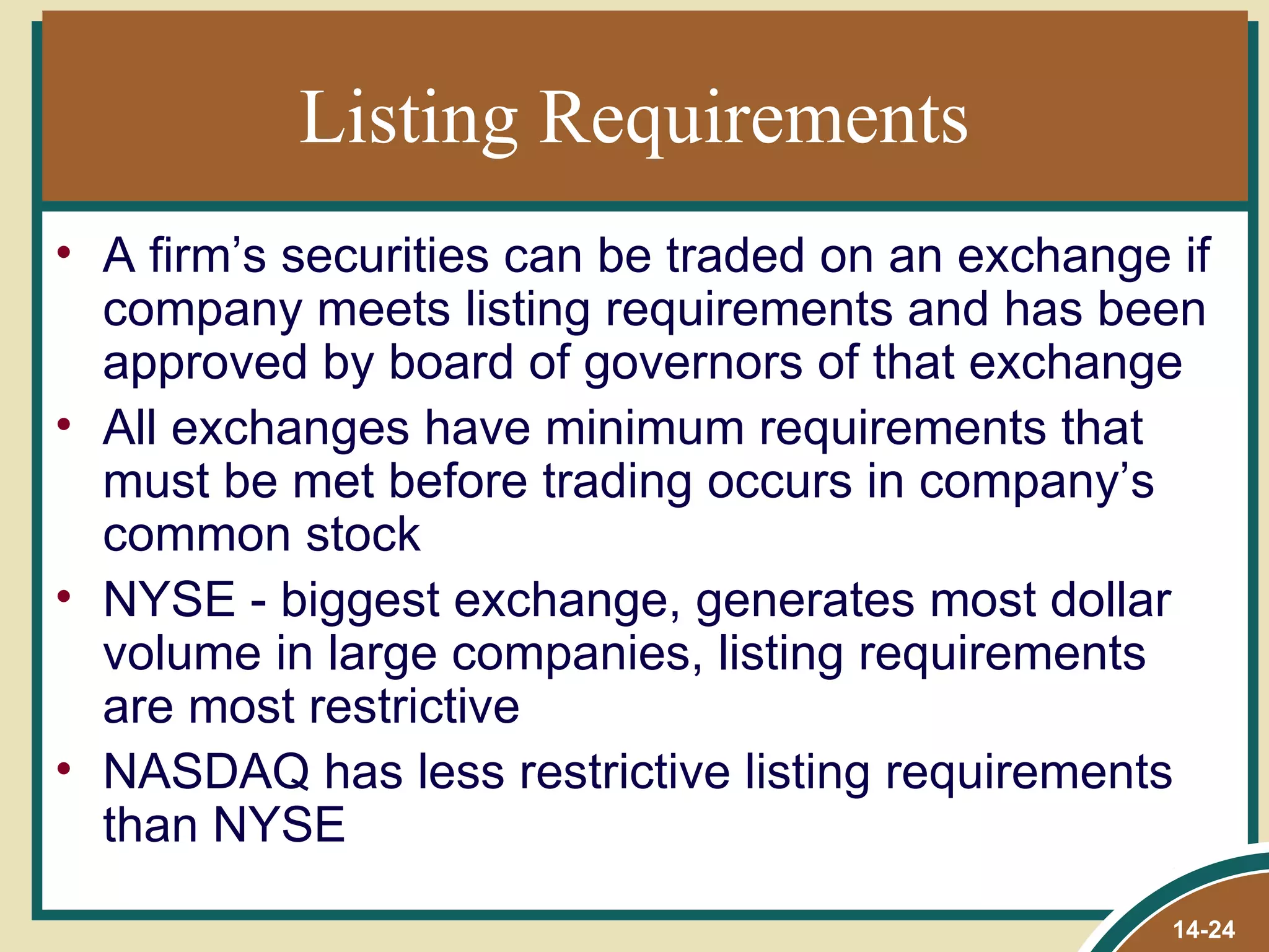 Listing Requirements
• A firm’s securities can be traded on an exchange if
  company meets listing requirements and has been
  approved by board of governors of that exchange
• All exchanges have minimum requirements that
  must be met before trading occurs in company’s
  common stock
• NYSE - biggest exchange, generates most dollar
  volume in large companies, listing requirements
  are most restrictive
• NASDAQ has less restrictive listing requirements
  than NYSE
                                                   14-24
 