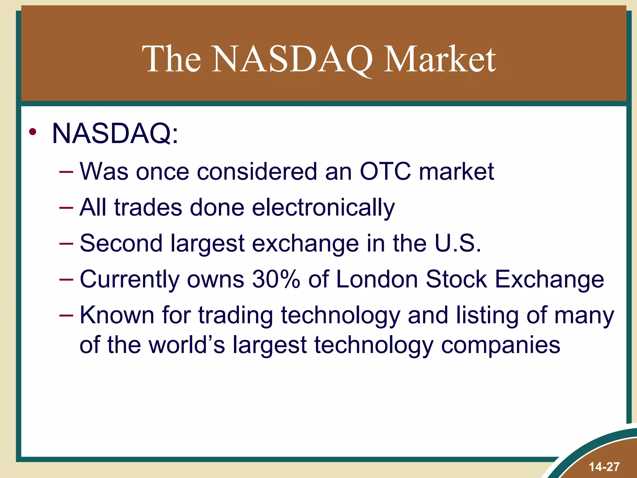 The NASDAQ Market
• NASDAQ:
 – Was once considered an OTC market
 – All trades done electronically
 – Second largest exchange in the U.S.
 – Currently owns 30% of London Stock Exchange
 – Known for trading technology and listing of many
   of the world’s largest technology companies



                                                14-27
 