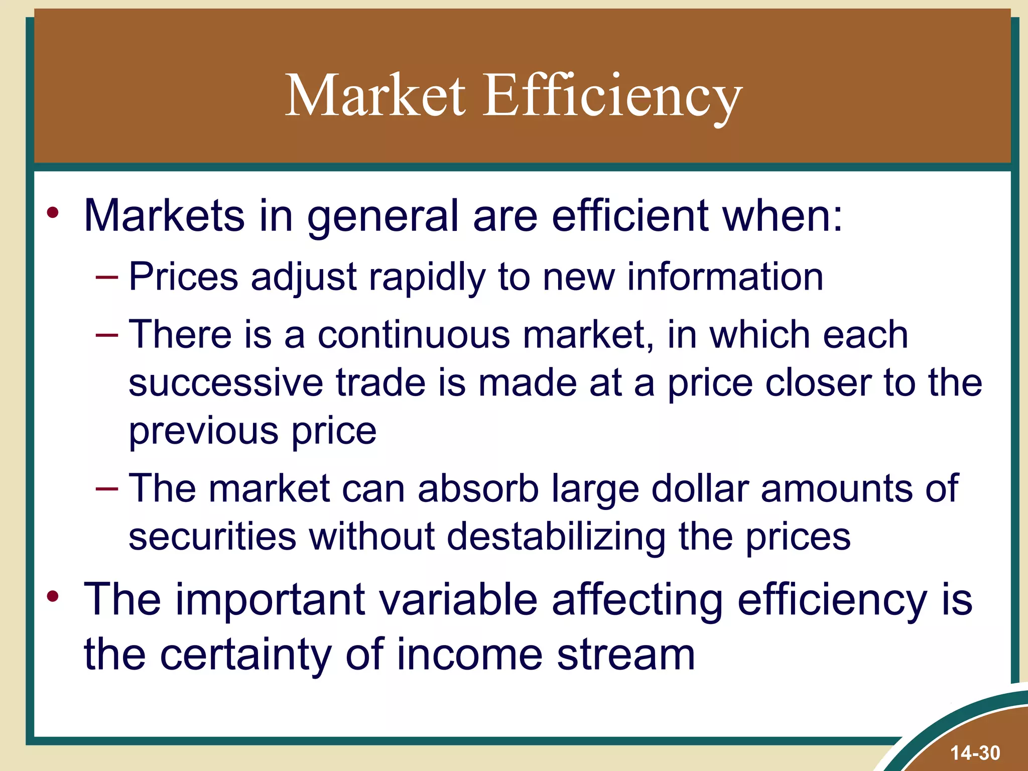 Market Efficiency
• Markets in general are efficient when:
  – Prices adjust rapidly to new information
  – There is a continuous market, in which each
    successive trade is made at a price closer to the
    previous price
  – The market can absorb large dollar amounts of
    securities without destabilizing the prices
• The important variable affecting efficiency is
  the certainty of income stream
                                                   14-30
 