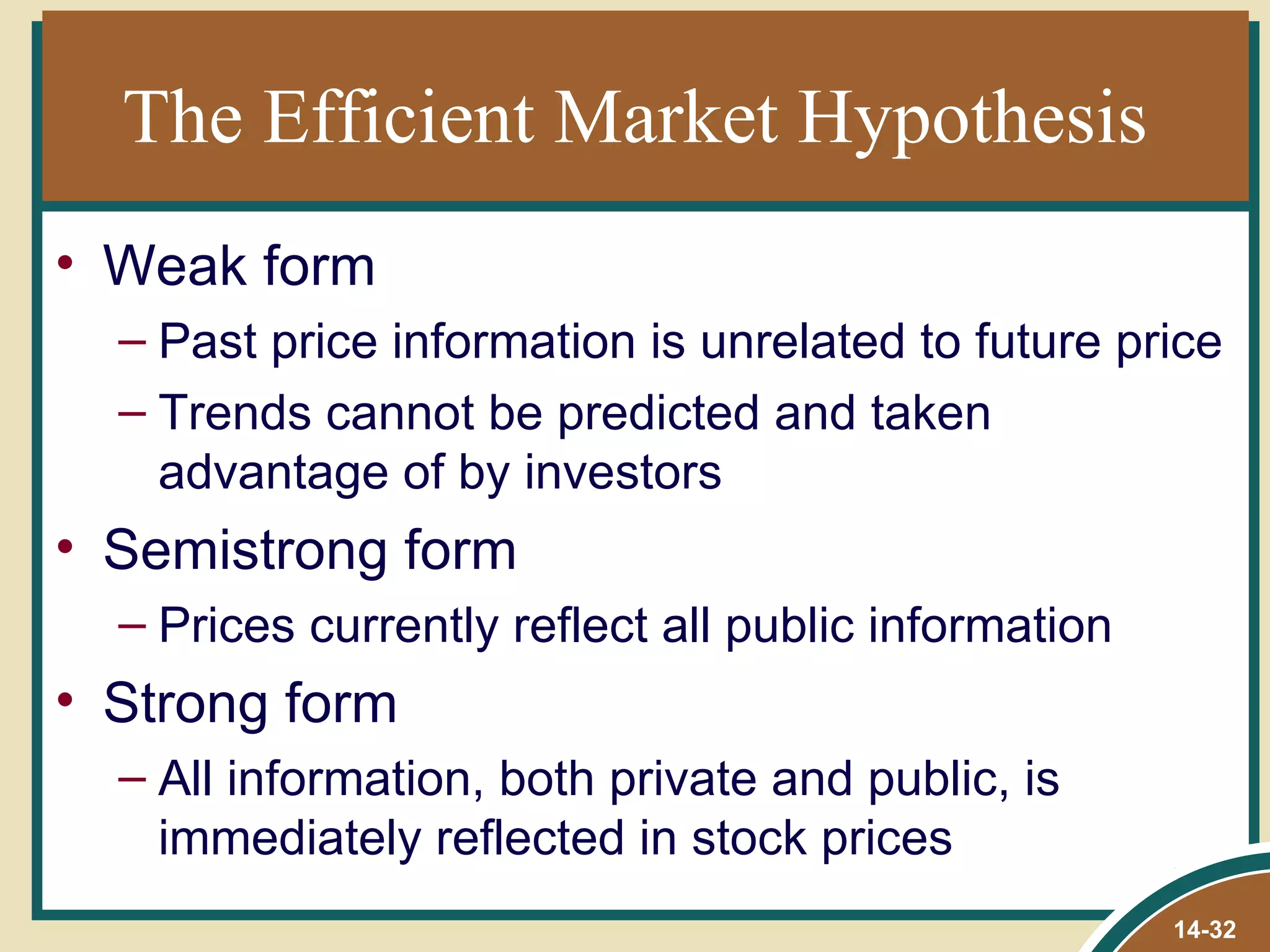 The Efficient Market Hypothesis
• Weak form
  – Past price information is unrelated to future price
  – Trends cannot be predicted and taken
    advantage of by investors
• Semistrong form
  – Prices currently reflect all public information
• Strong form
  – All information, both private and public, is
    immediately reflected in stock prices
                                                      14-32
 