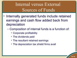 Internal versus External
               Sources of Funds
• Internally generated funds include retained
  earnings and cash flow added back from
  depreciation
  – Composition of internal funds is a function of:
     •   Corporate profitability
     •   The dividends paid
     •   The resultant retained earnings
     •   The depreciation tax shield firms avail



                                                      14-14
 