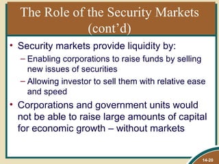 The Role of the Security Markets
              (cont’d)
• Security markets provide liquidity by:
  – Enabling corporations to raise funds by selling
    new issues of securities
  – Allowing investor to sell them with relative ease
    and speed
• Corporations and government units would
  not be able to raise large amounts of capital
  for economic growth – without markets


                                                    14-20
 