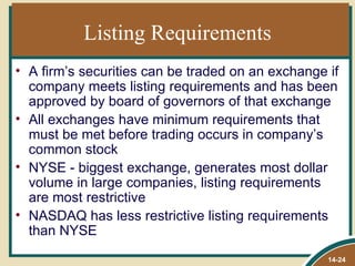 Listing Requirements
• A firm’s securities can be traded on an exchange if
  company meets listing requirements and has been
  approved by board of governors of that exchange
• All exchanges have minimum requirements that
  must be met before trading occurs in company’s
  common stock
• NYSE - biggest exchange, generates most dollar
  volume in large companies, listing requirements
  are most restrictive
• NASDAQ has less restrictive listing requirements
  than NYSE
                                                   14-24
 