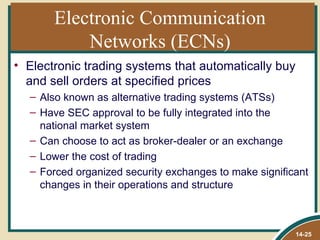 Electronic Communication
           Networks (ECNs)
• Electronic trading systems that automatically buy
  and sell orders at specified prices
  – Also known as alternative trading systems (ATSs)
  – Have SEC approval to be fully integrated into the
    national market system
  – Can choose to act as broker-dealer or an exchange
  – Lower the cost of trading
  – Forced organized security exchanges to make significant
    changes in their operations and structure



                                                        14-25
 