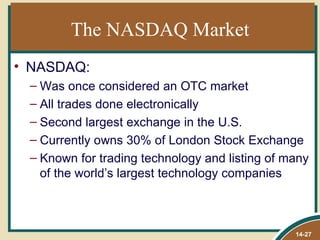 The NASDAQ Market
• NASDAQ:
 – Was once considered an OTC market
 – All trades done electronically
 – Second largest exchange in the U.S.
 – Currently owns 30% of London Stock Exchange
 – Known for trading technology and listing of many
   of the world’s largest technology companies



                                                14-27
 