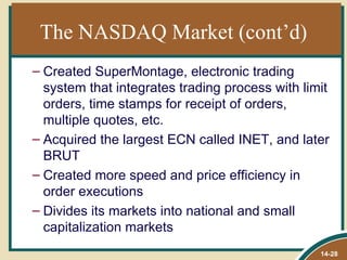 The NASDAQ Market (cont’d)
– Created SuperMontage, electronic trading
  system that integrates trading process with limit
  orders, time stamps for receipt of orders,
  multiple quotes, etc.
– Acquired the largest ECN called INET, and later
  BRUT
– Created more speed and price efficiency in
  order executions
– Divides its markets into national and small
  capitalization markets
                                                 14-28
 