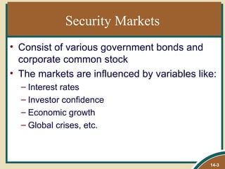 Security Markets
• Consist of various government bonds and
  corporate common stock
• The markets are influenced by variables like:
  – Interest rates
  – Investor confidence
  – Economic growth
  – Global crises, etc.



                                             14-3
 
