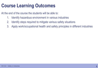 5
IHS 522 – Safety in Industries
Course Learning Outcomes
At the end of the course the students will be able to:
1. Identify hazardous environment in various industries
2. Identify steps required to mitigate various safety situations
3. Apply work/occupational health and safety principles in different industries
 