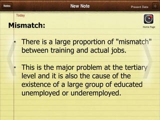 Present Date
Mismatch:
• There is a large proportion of "mismatch"
between training and actual jobs.
• This is the major problem at the tertiary
level and it is also the cause of the
existence of a large group of educated
unemployed or underemployed.
Home Page
 