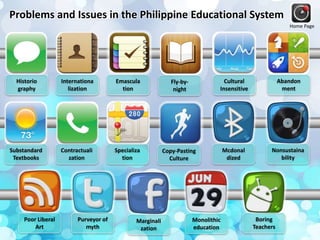 Historio
graphy
Problems and Issues in the Philippine Educational System
Home Page
Internationa
lization
Emascula
tion
Fly-by-
night
Cultural
Insensitive
Abandon
ment
Substandard
Textbooks
Contractuali
zation
Specializa
tion
Copy-Pasting
Culture
Mcdonal
dized
Nonsustaina
bility
Poor Liberal
Art
Purveyor of
myth
Marginali
zation
Monolithic
education
Boring
Teachers
 