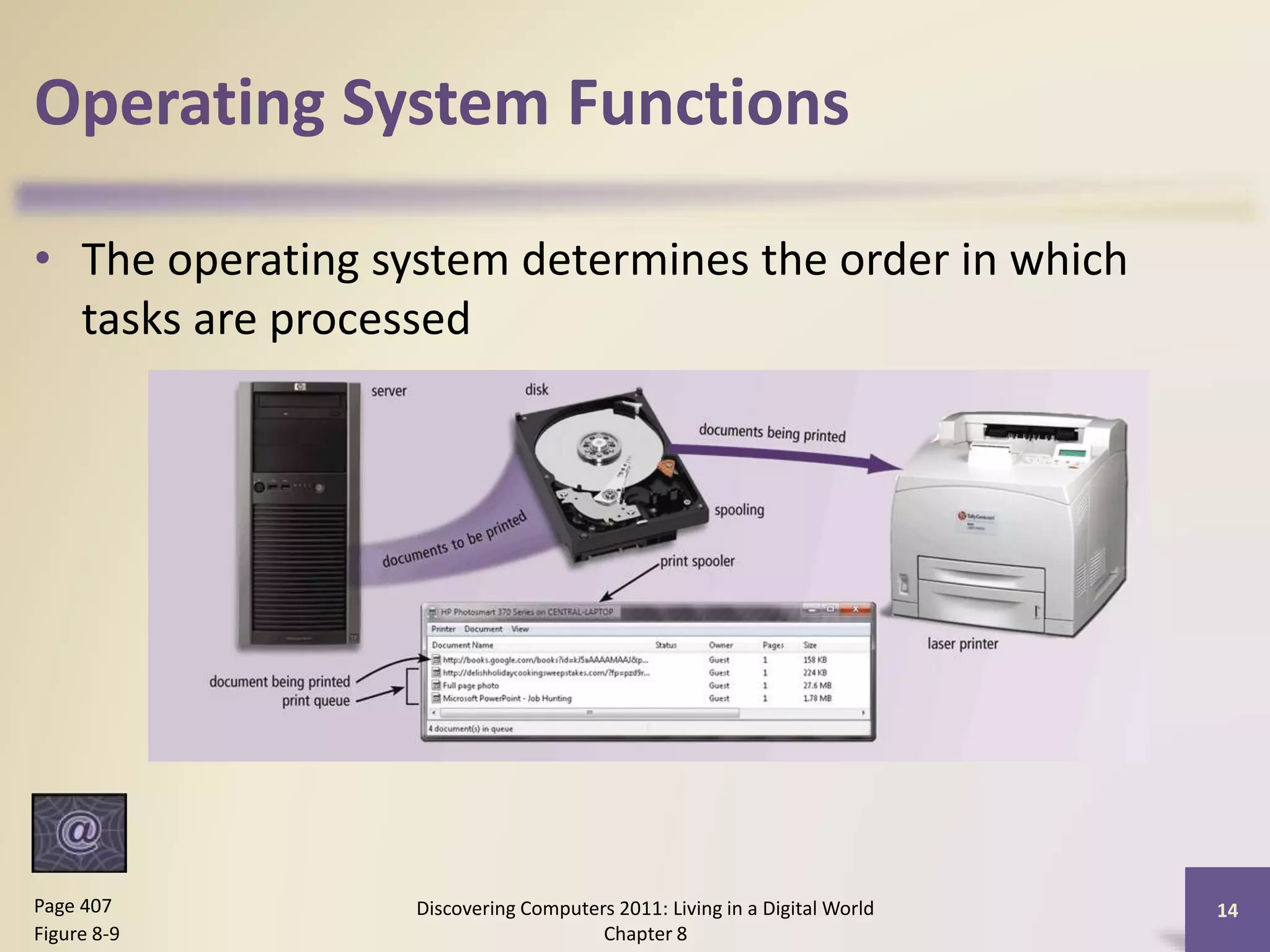 Operating System Functions
• The operating system determines the order in which
tasks are processed
Discovering Computers 2011: Living in a Digital World
Chapter 8
14Page 407
Figure 8-9
 