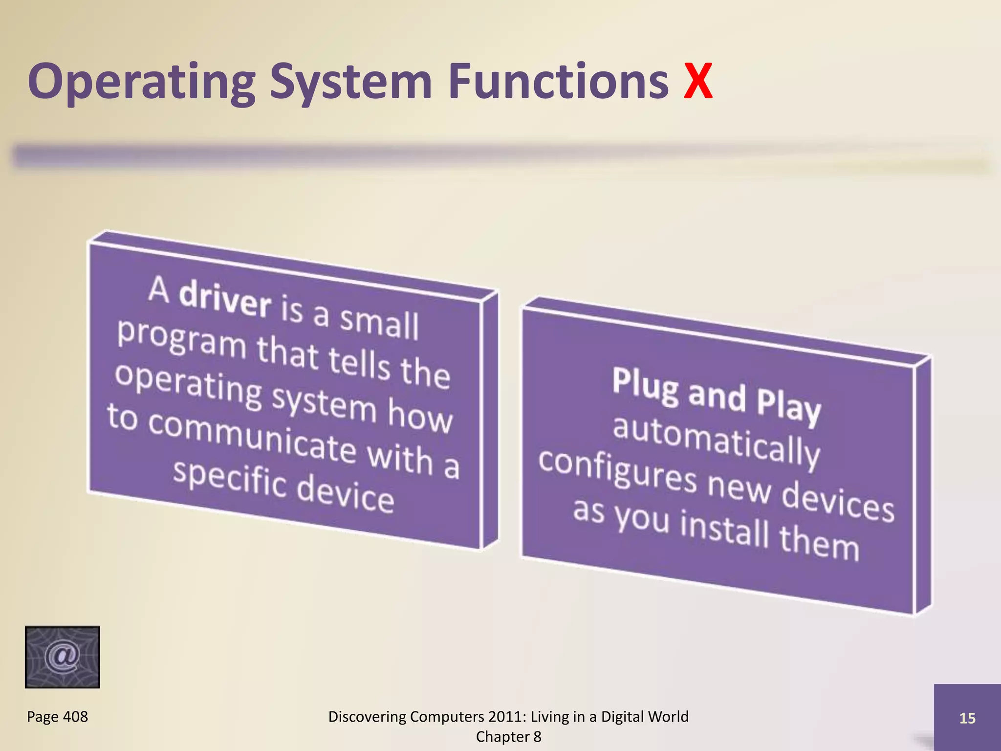 Operating System Functions X
Discovering Computers 2011: Living in a Digital World
Chapter 8
15Page 408
 