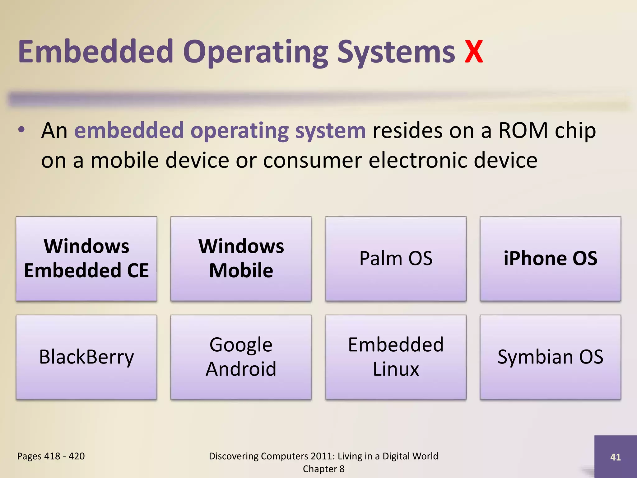Embedded Operating Systems X
• An embedded operating system resides on a ROM chip
on a mobile device or consumer electronic device
Discovering Computers 2011: Living in a Digital World
Chapter 8
41Pages 418 - 420
Windows
Embedded CE
Windows
Mobile
Palm OS iPhone OS
BlackBerry
Google
Android
Embedded
Linux
Symbian OS
 