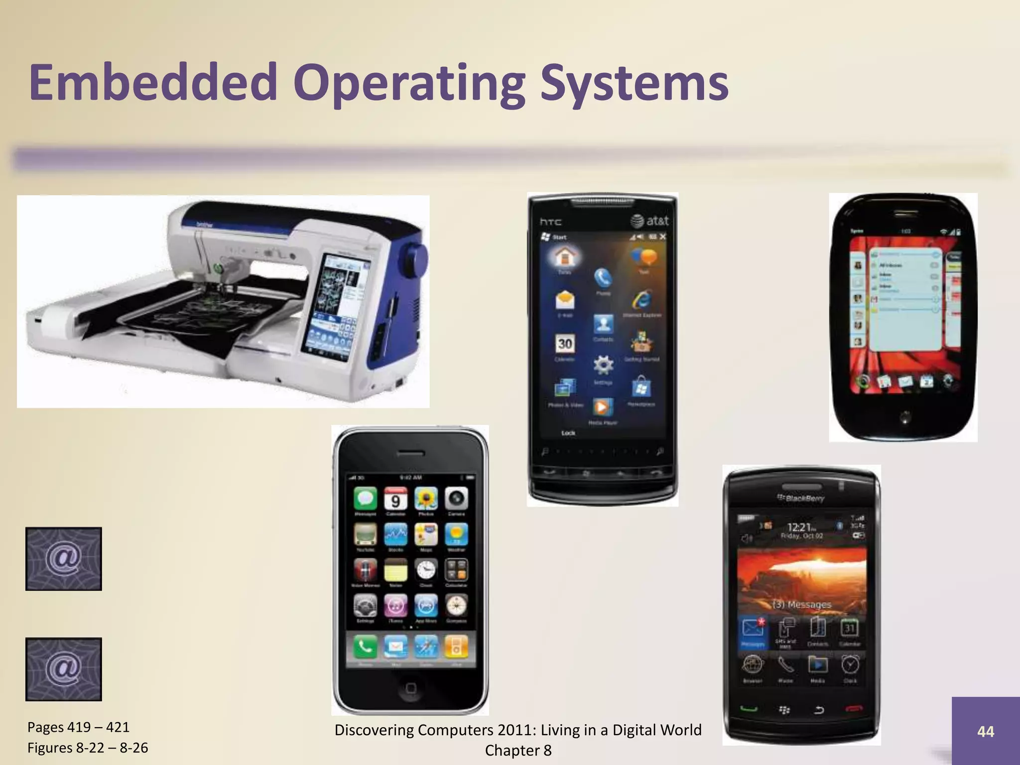 Embedded Operating Systems
Discovering Computers 2011: Living in a Digital World
Chapter 8
44Pages 419 – 421
Figures 8-22 – 8-26
 