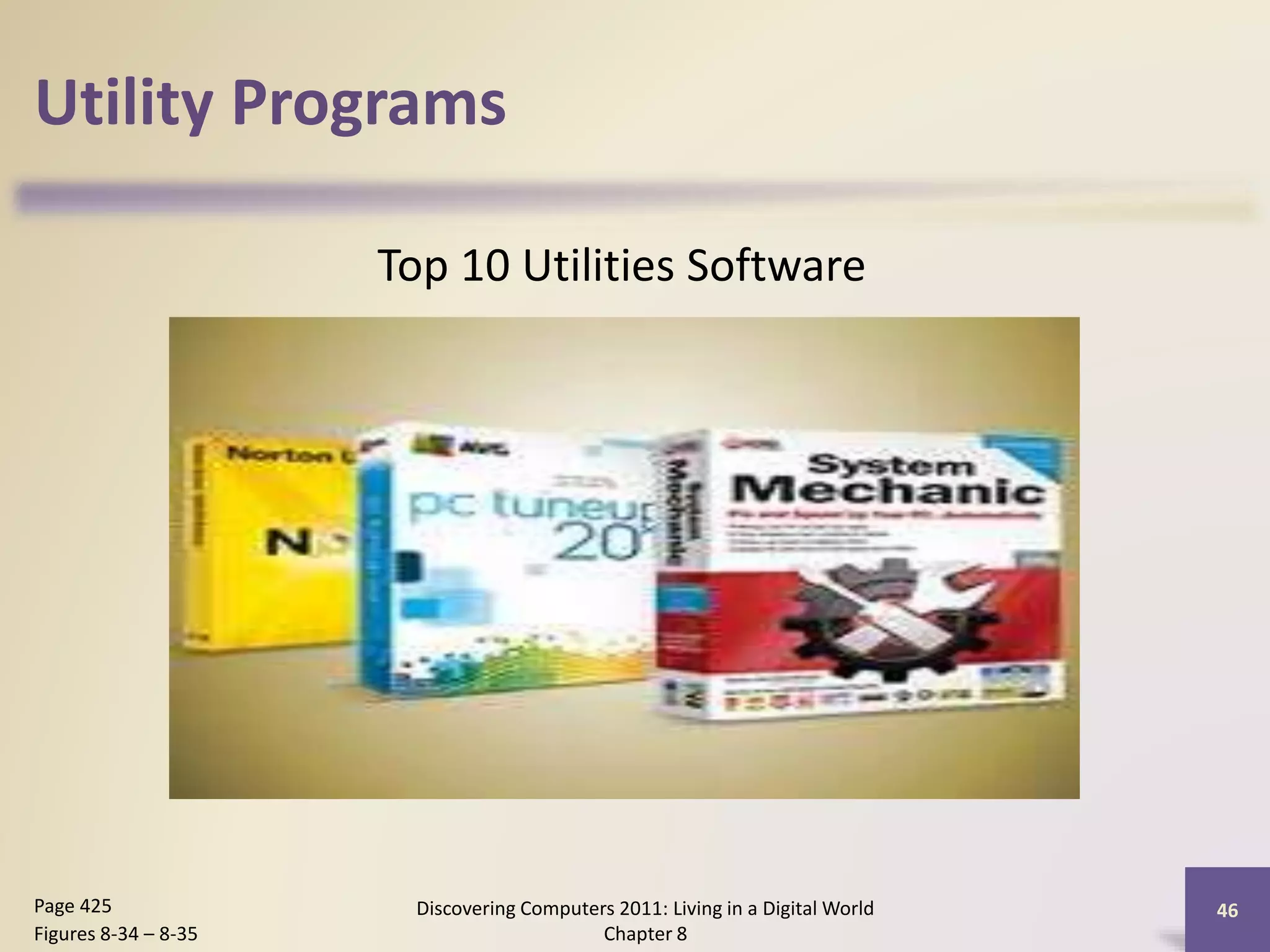 Utility Programs
Discovering Computers 2011: Living in a Digital World
Chapter 8
46Page 425
Figures 8-34 – 8-35
Top 10 Utilities Software
 