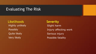 Evaluating The Risk
Likelihoods
Highly unlikely
Possibly
Quite likely
Very likely
Severity
Slight harm
Injury affecting work
Serious injury
Possible fatality
 